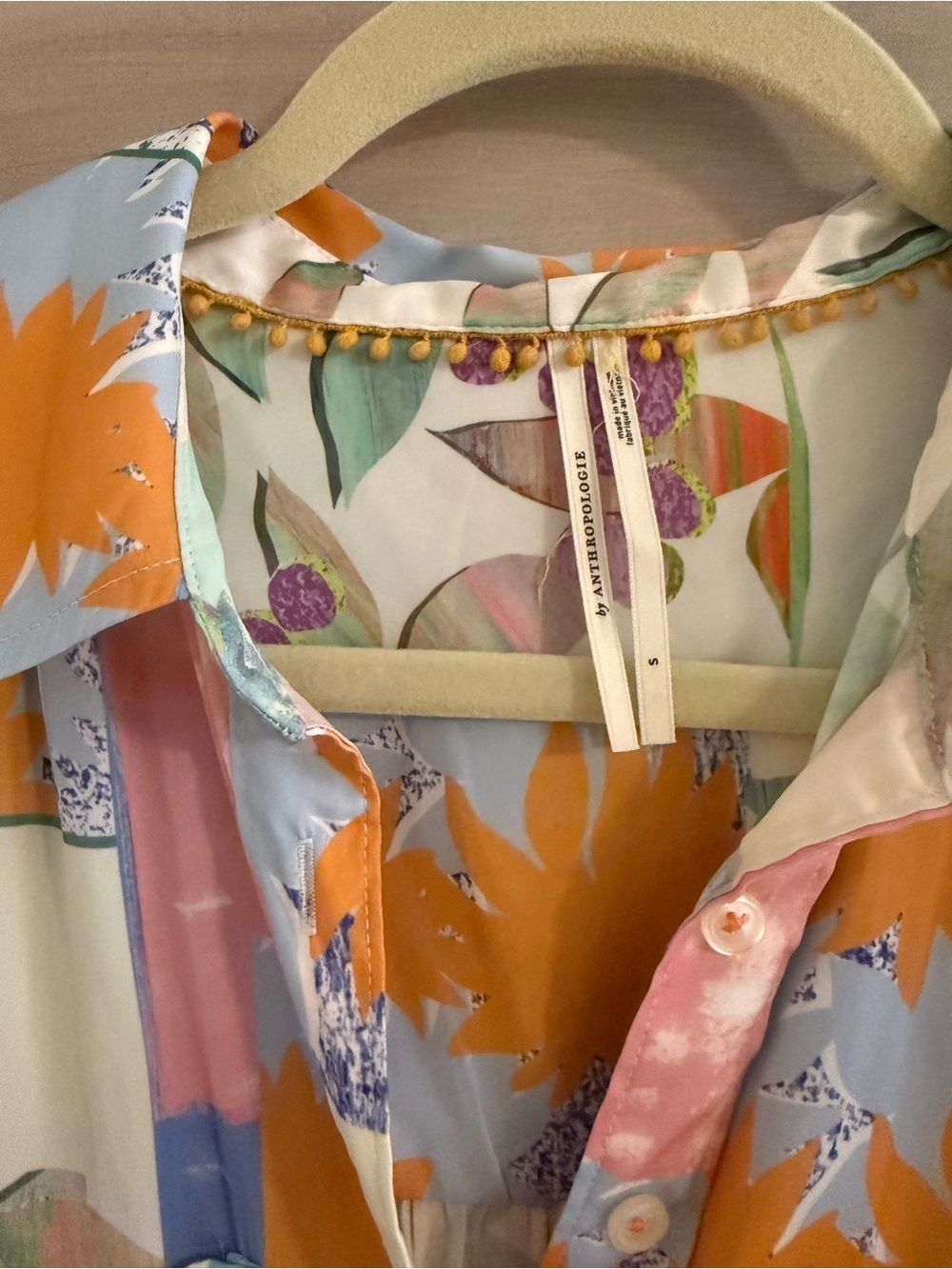 Anthropologie Abstract Patchwork Floral Silky Button-Down Blouse - Picture 3 of 7